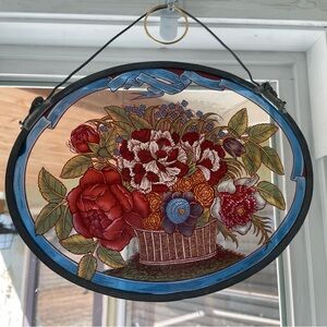 Floral Stained Glass Art with Red and Blue Accents